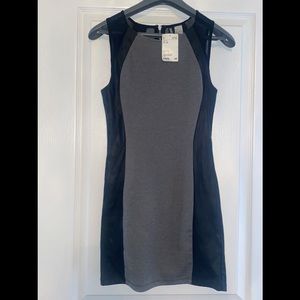 High neck grey dress with black faux leather sides